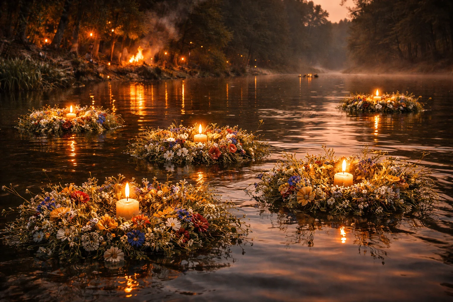 Noc Kupały nad Stawami Stefańskiego w Łodzi, z wiankami, ogniem i słowiańskimi zwyczajami w plenerze.