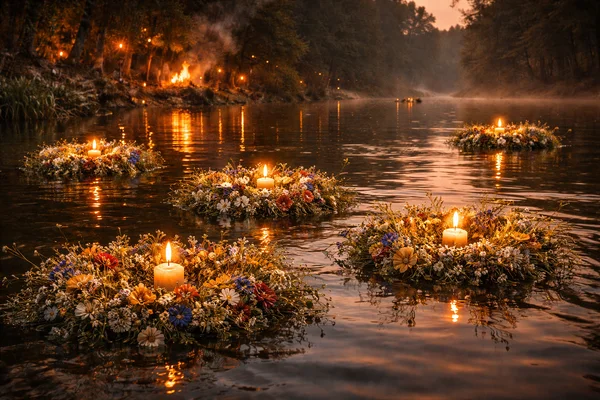 Noc Kupały nad Stawami Stefańskiego w Łodzi, z wiankami, ogniem i słowiańskimi zwyczajami w plenerze.