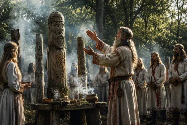 Słowiański kapłan przy drewnianym posągu bóstwa w świętym gaju